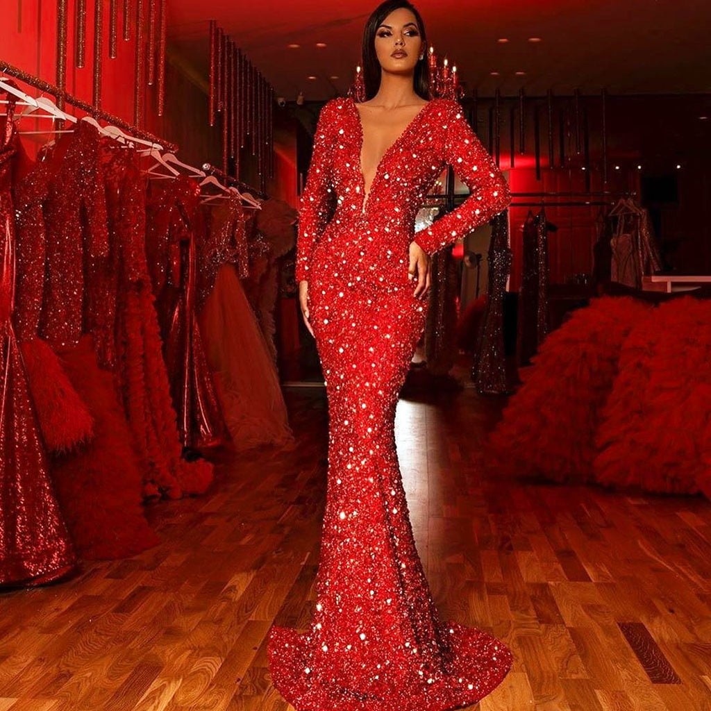 long sleeve red sequin dress